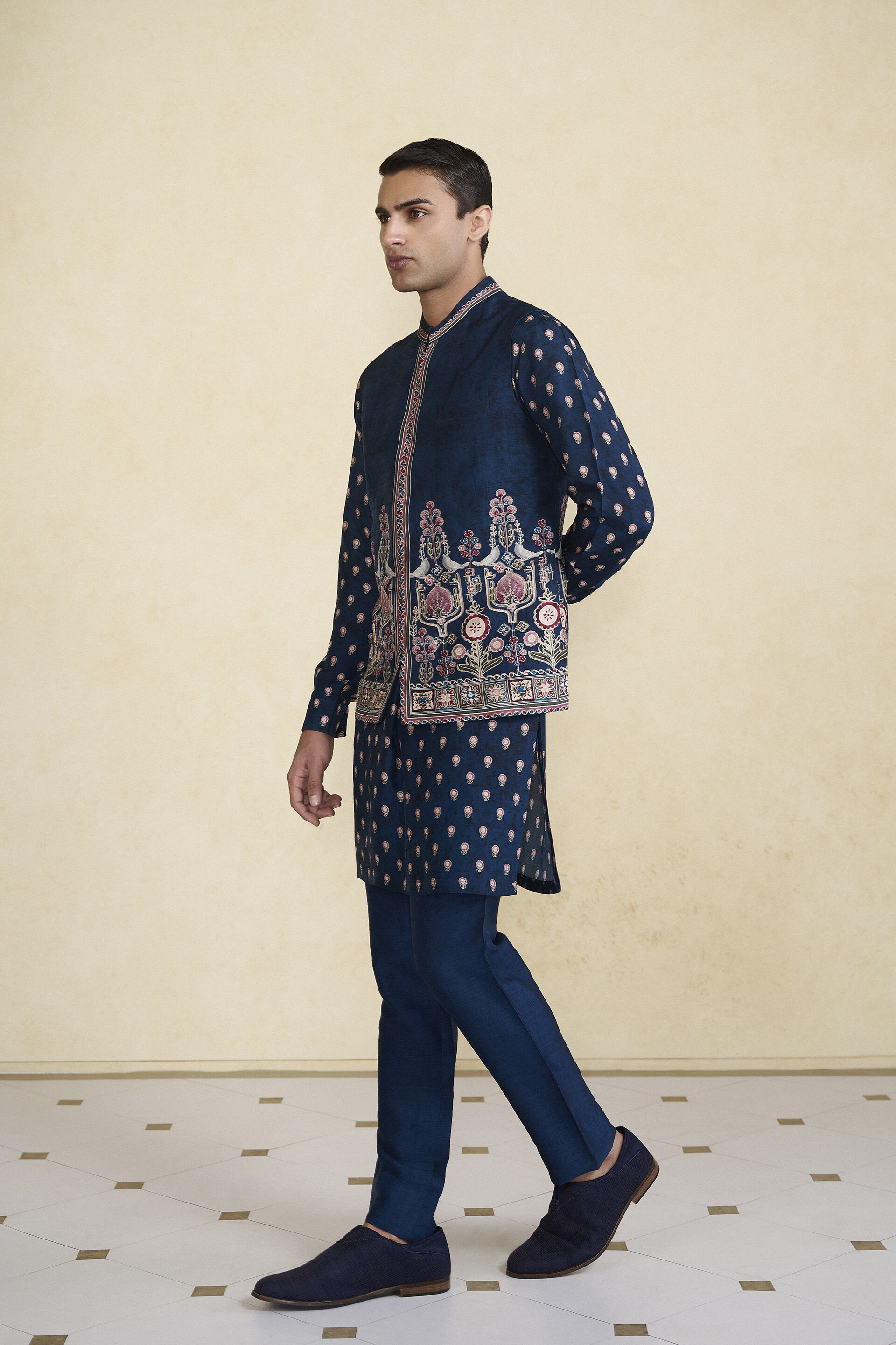 Azraq Printed Silk Nehru Jacket - Indigo, Indigo, image 3